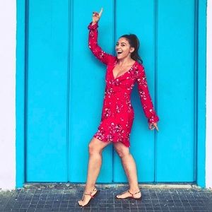 Red Floral Deep V “wrap” Dress